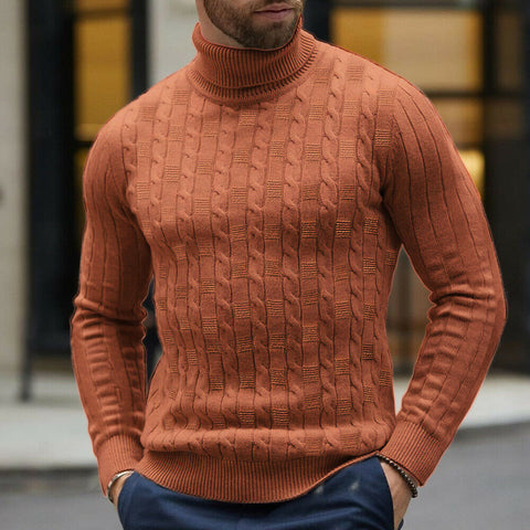 Men's Apricot Cable Knit Long Sleeve Turtleneck Sweater