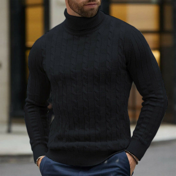 Men's White Cable Knit Long Sleeve Turtleneck Sweater