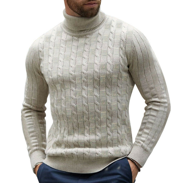 Men's White Cable Knit Long Sleeve Turtleneck Sweater