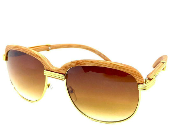 Vintage Inspired Wood Frame Aviator Round Sunglasses