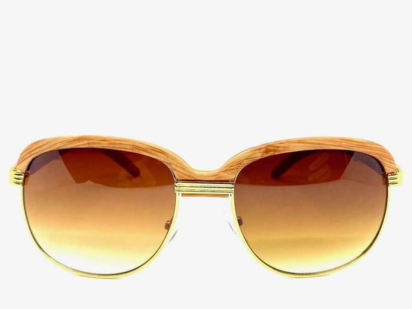 Vintage Inspired Wood Frame Aviator Round Sunglasses