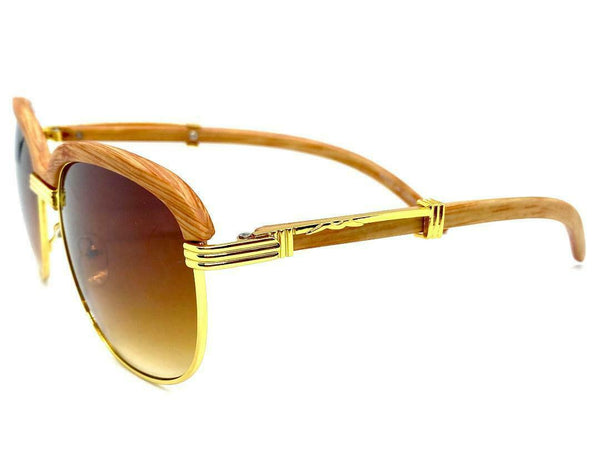 Vintage Inspired Wood Frame Aviator Round Sunglasses