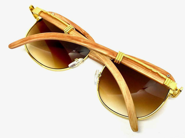 Vintage Inspired Wood Frame Aviator Round Sunglasses