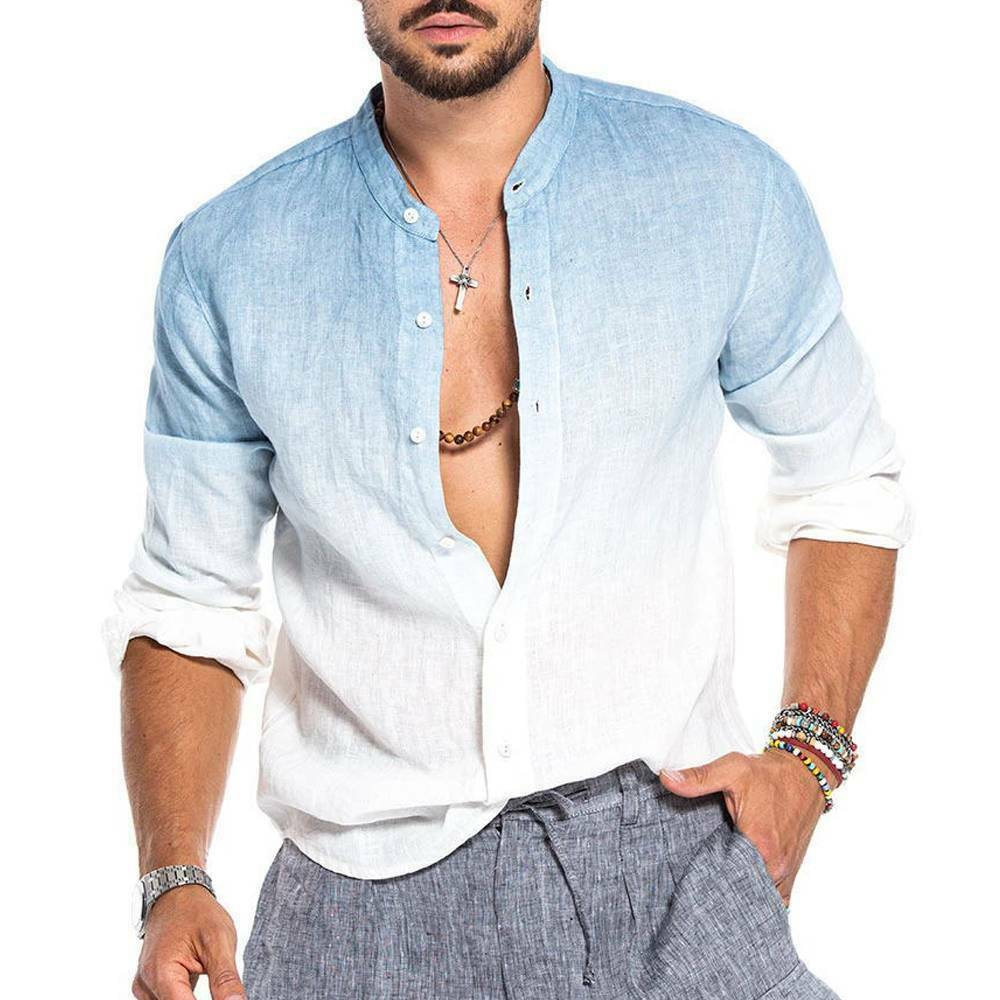 Men's Ombre Blue & White Linen Style Long Sleeve Button Down Shirt