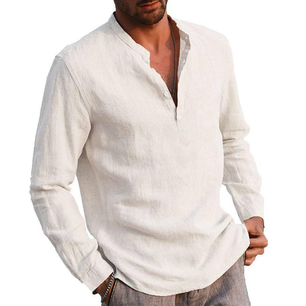 Men's White Linen Style Long Sleeve Button Down Shirt