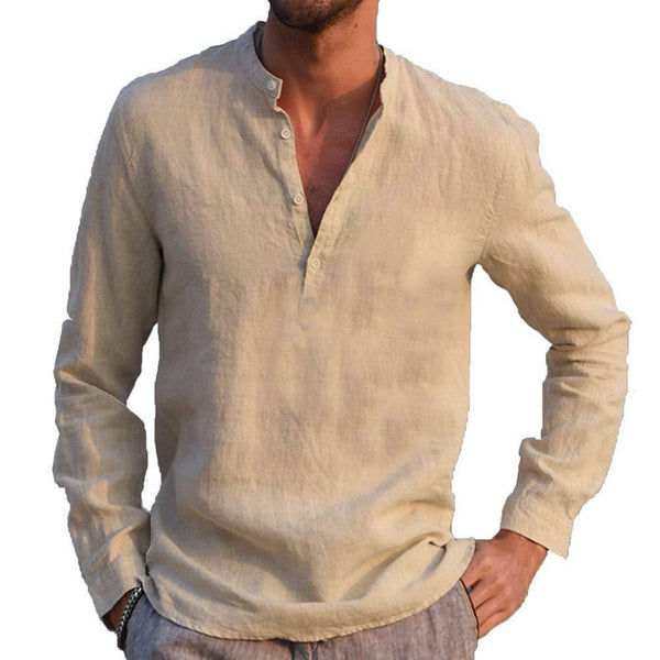 Men's White Linen Style Long Sleeve Button Down Shirt