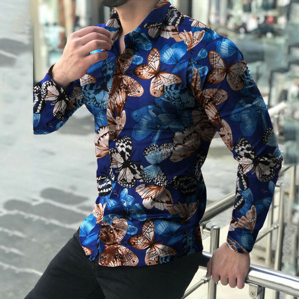 Men's Light Blue Modern Multi Floral Long Sleeve Button Down Shirt