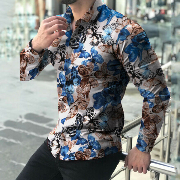 Men's Light Blue Modern Multi Floral Long Sleeve Button Down Shirt