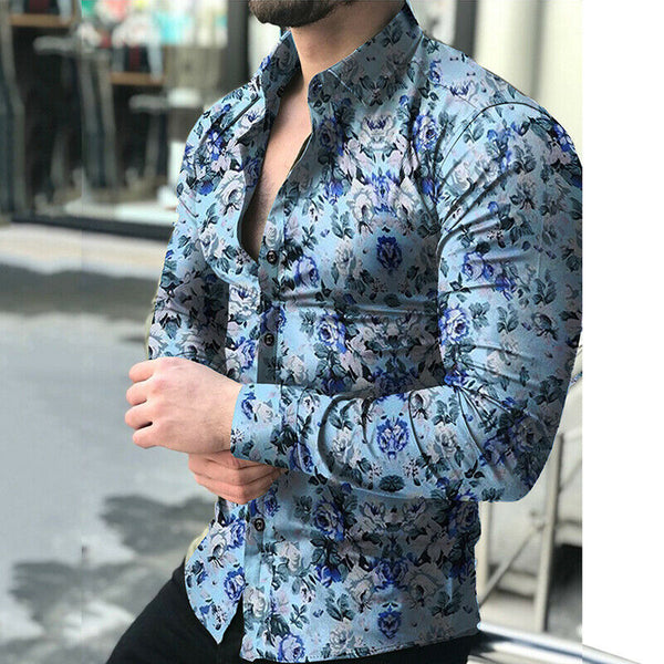 Men's Light Blue Modern Multi Floral Long Sleeve Button Down Shirt